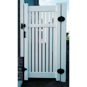 A large semi privacy gate with black hardware.
