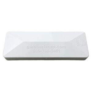 A white stile cap featuring Gardner Fence's URL and phone number.